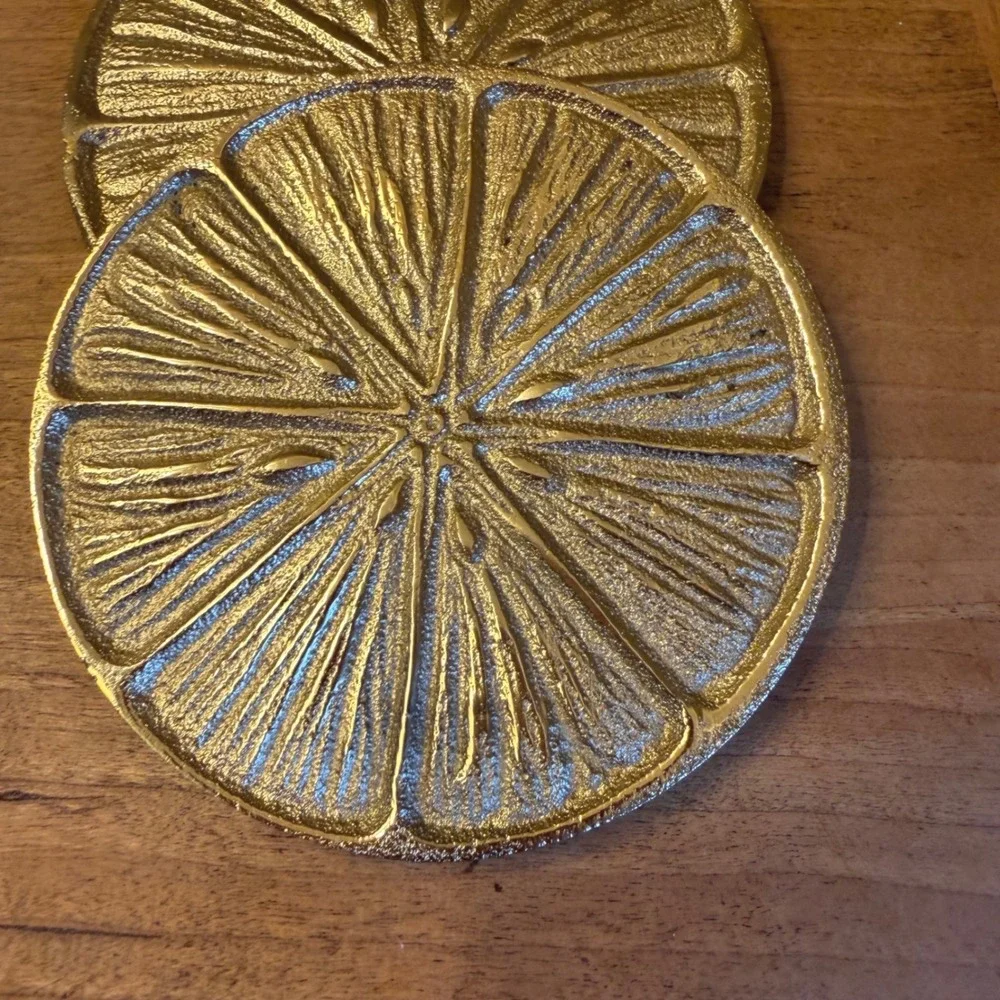 Set of 4 Gold Tone Orange Slice Metal Coasters Citrus Fruit Drink Coaster Set